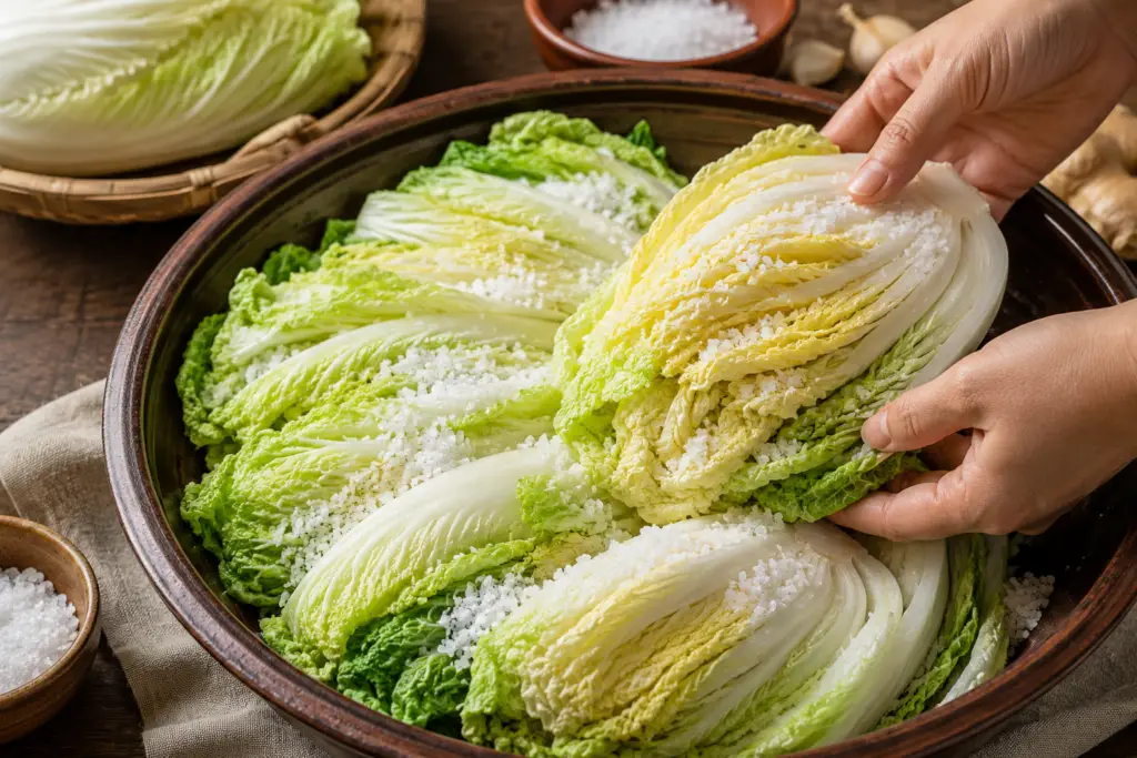Kimchi sendo preparado no sal